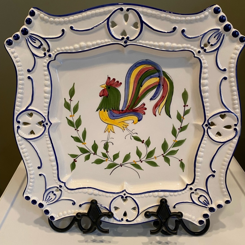 Beautiful white and blue 12 inch square painted rooster dish.